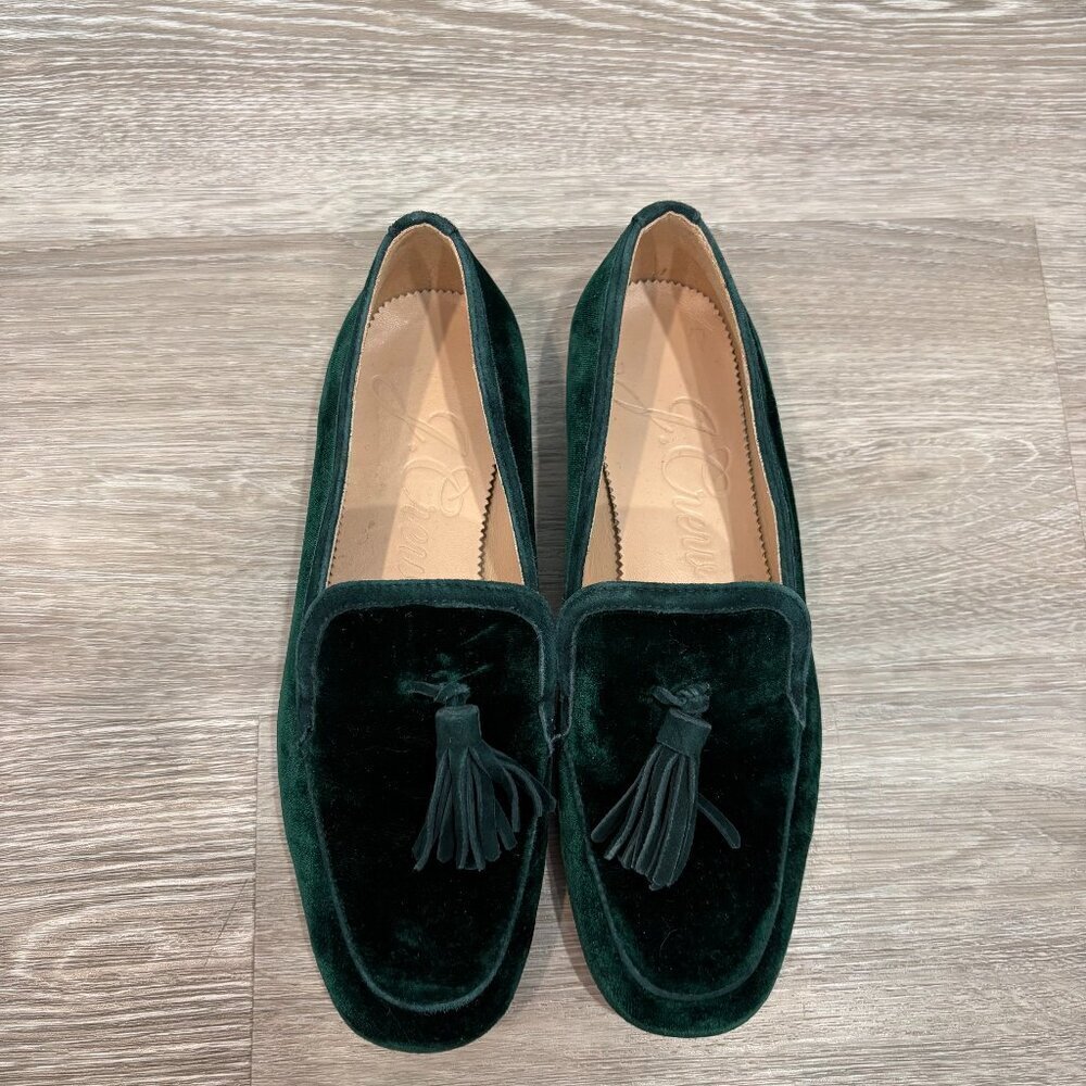 J.Crew Marie Tassel Emerald Green Loafers in Velvet sz 7.5"